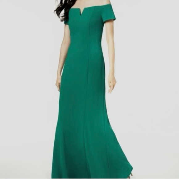 Calvin Klein NWT Notched Off the Shoulder Gown Evening Dress Emerald Green Sz 2 - Picture 2 of 6